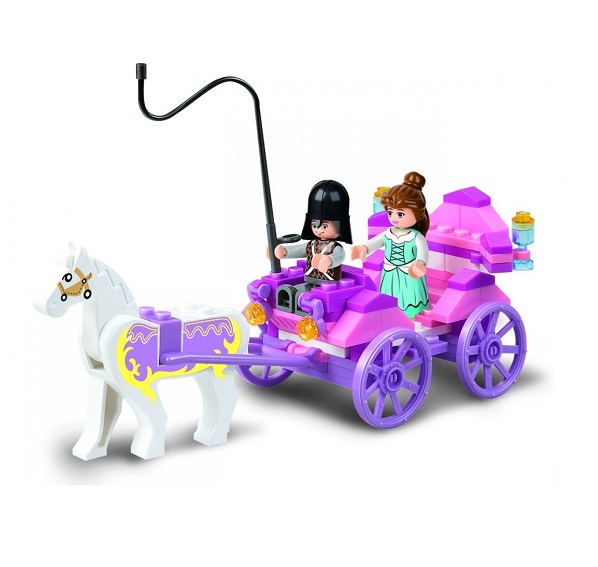 foto della confezione e della costruzione già assemblata. La carrozza è viola e rosa con il cavallo bianco.